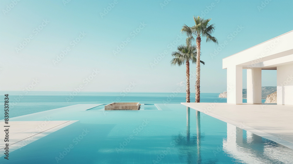 Fototapeta premium Modern infinity pool with ocean view and palm trees
