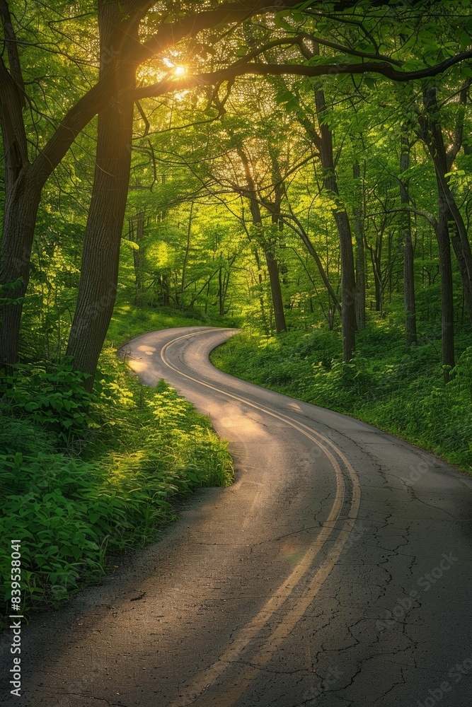 Obraz premium Empty asphalt road winding through lush green woods at sunset, bathed in warm golden light, evoking