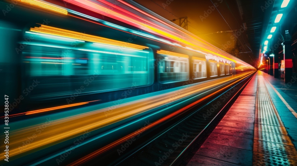 Sleek train at night with striking light trails in tones of brown, deep sky blue, and medium turquoise. Sleek train at night with striking light trails in tones of brown, deep sky blue, and medium turquoise.