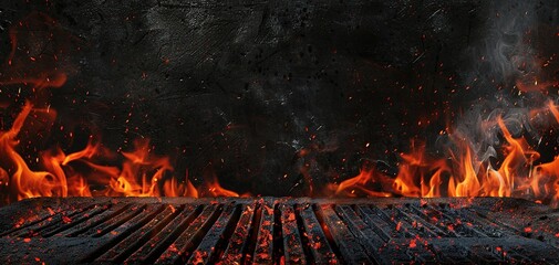 Hot empty portable barbecue BBQ grill with flaming fire and ember charcoal on black background