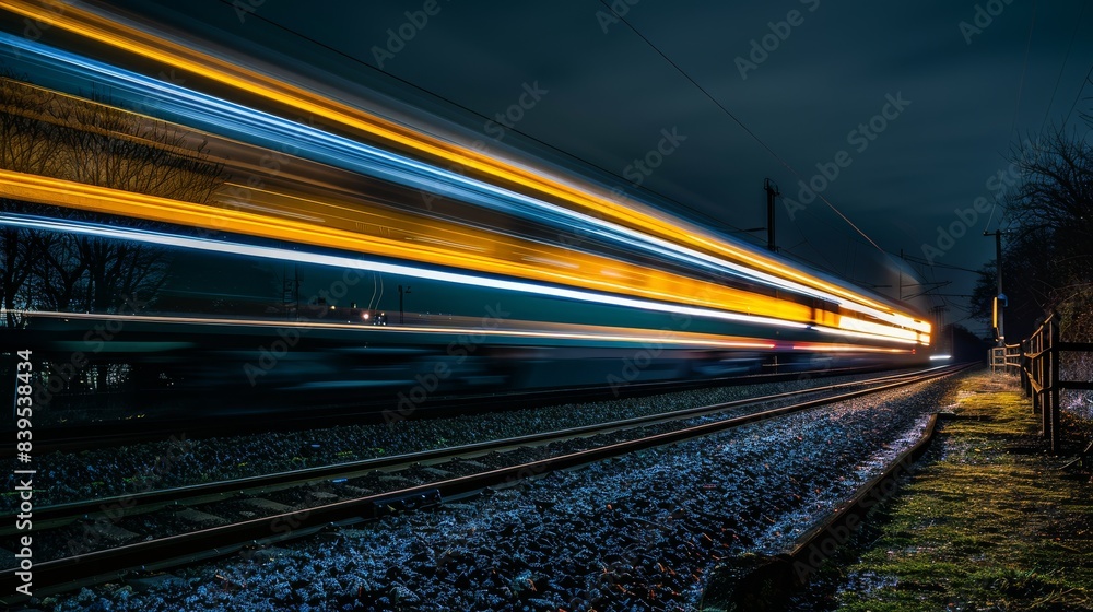 Fototapeta premium Vivid UHD image captures a train in motion at night with stunning light trails in light golden rod yellow, spring green, and dark grey tones.