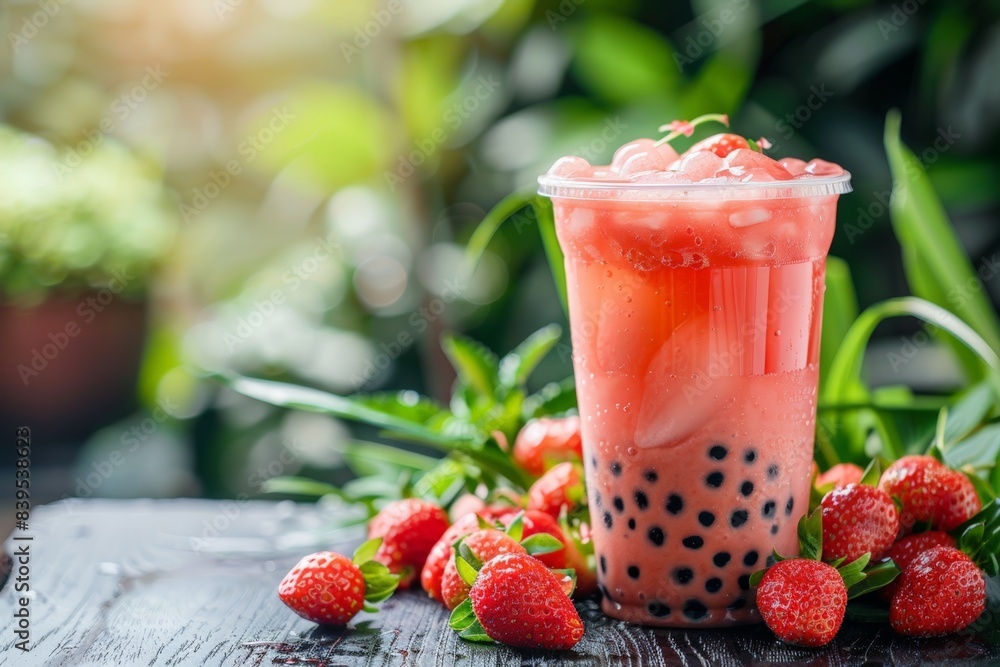 Strawberry bubble tea in glass