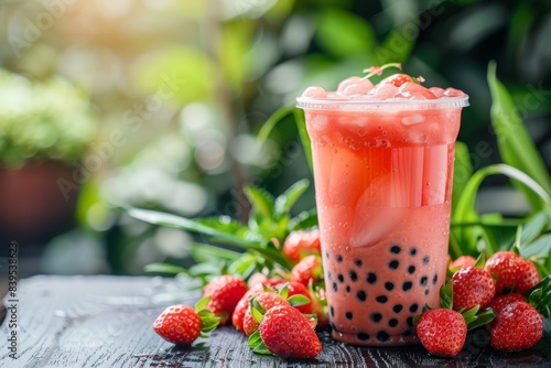 Obraz na płótnie Strawberry bubble tea in glass w salonie