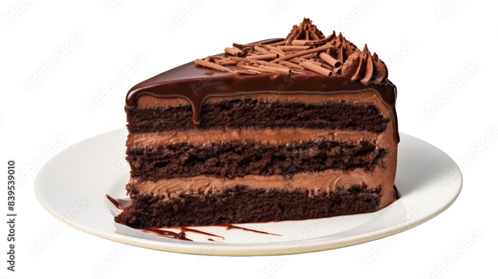 A slice of decadent chocolate cake with rich frosting and chocolate shavings. A slice of decadent chocolate cake with rich frosting and chocolate shavings.