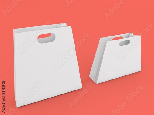 Two paper shopping bag mockups on a red background. 3d render illustration.