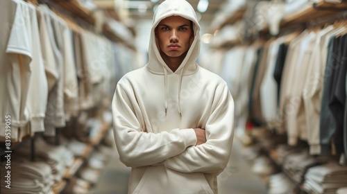 Portrait of a serious young man in a white hoodie standing in a clothing store