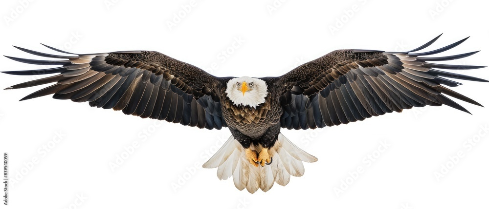 Fototapeta premium A majestic bald eagle captured in flight with wings fully spread, showcasing its powerful and graceful appearance against a white background.