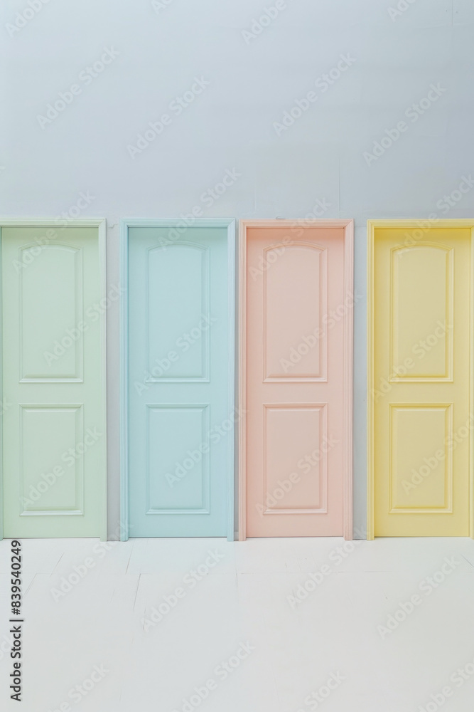 A straight line of doors, each painted a different pastel color. The minimalist style emphasizes the subtle differences in color. A straight line of doors, each painted a different pastel color. The minimalist style emphasizes the subtle differences in color.