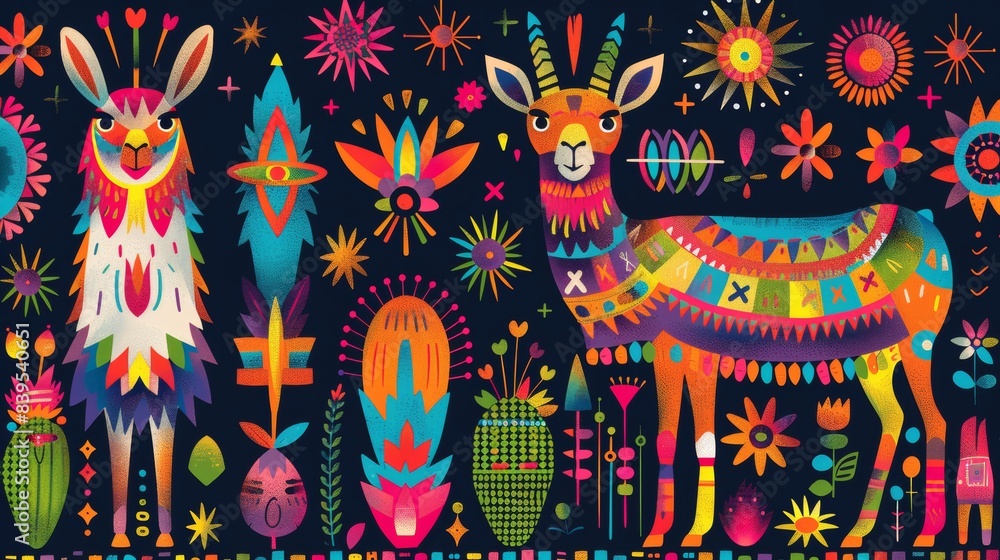 Patterns inspired by Inca textiles with llamas, geometric shapes, and vibrant colors. Patterns inspired by Inca textiles with llamas, geometric shapes, and vibrant colors.