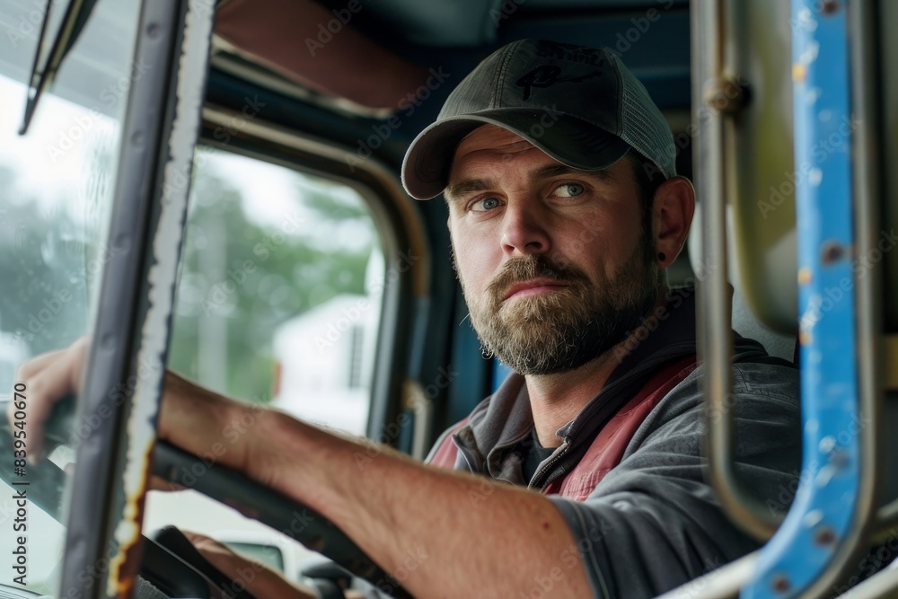 A truck driver is sitting in the cab of his blue and white semitruck, looking out through its large windshield with one hand on the steering wheel while wearing a dark red workwear vest A truck driver is sitting in the cab of his blue and white semitruck, looking out through its large windshield with one hand on the steering wheel while wearing a dark red workwear vest