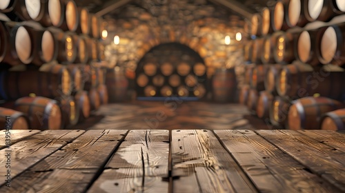 Rustic wooden table in front of wine barrels in old cellar. Warm lit atmosphere. Perfect for food and drinks backdrop. Vintage style. AI