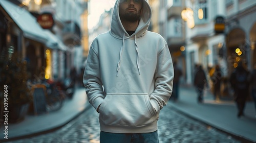 Portrait of a young man in a white hoodie on the street