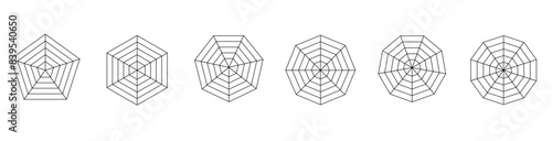 Radar or spider diagram template. Pentagon, Hexagon, Heptagon, Octagon, Nonagon, Decagon. Flat spider mesh. Blank radar charts. Kiviat diagram for statistic and analitic. Coaching tools.