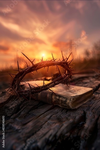 Description: An evocative ultra sharp image portraying a crown of thorns, a wooden cross, and the