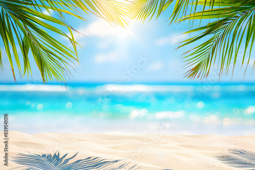 Beige sand and palm tree leaf with blurred blue sea and sky background.