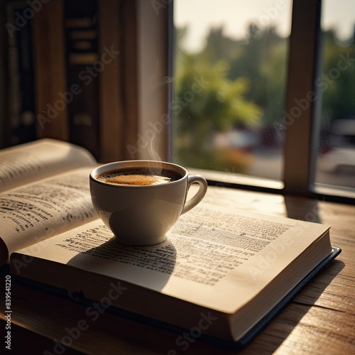 a cup of coffee sits on a book with the pages open.