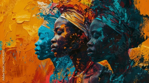 Colorful abstract painting featuring bold profiles of three figures