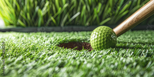 Closeup Golf ball with a bat near the hole, green grass, outdoor cort photo