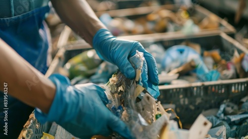 Hands wearing blue gloves sorting through plastic waste for recycling in a facility. Environmental conservation and waste management. © Tanakorn