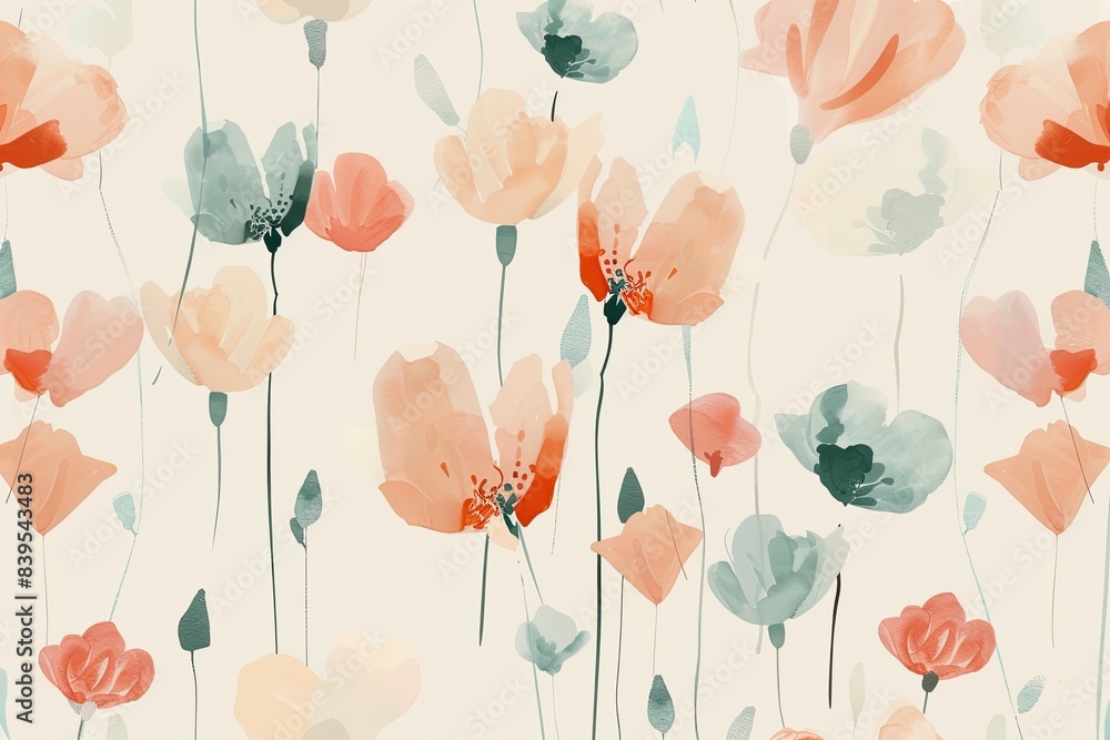 Obraz premium Simple, abstract flower shapes in soft pastel colors arranged in a minimalist pattern