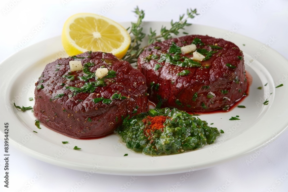 Vibrant Cajun Filets with Green Chimichurri and Lemon Wedge Vibrant Cajun Filets with Green Chimichurri and Lemon Wedge