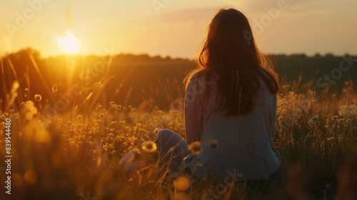 Back view of unrecognizable young woman meditating in a field at sunset  © Alison