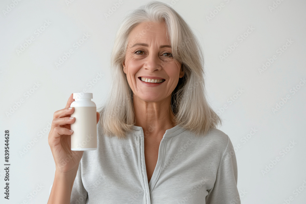 A smiling woman of 65 years old with a white jar in her hand on a white background. Photos for advertising medicines and biologically active additives. A smiling woman of 65 years old with a white jar in her hand on a white background. Photos for advertising medicines and biologically active additives.