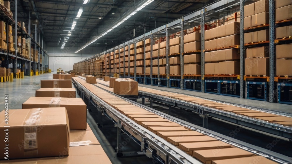 Cardboard boxes on conveyor rollers inside a warehouse ready to be shipped by courier for distribution Cardboard boxes on conveyor rollers inside a warehouse ready to be shipped by courier for distribution