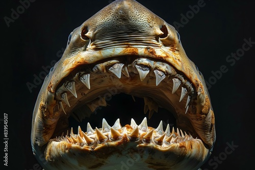 Digital artwork of  photograph of the jaw and teeth from an alibis shark, black background, high resolution photography photo