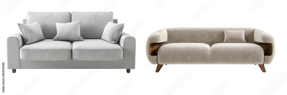 Set of A modern living room with a cutout double seat sofa in light grey isolated on transparent background Set of A modern living room with a cutout double seat sofa in light grey isolated on transparent background