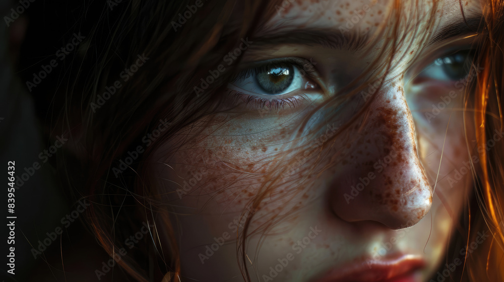 Closeup portrait of a young woman with freckles, emotion under warm light Closeup portrait of a young woman with freckles, emotion under warm light