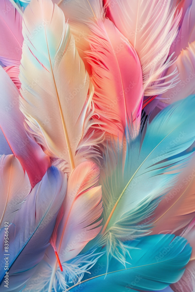 Fototapeta premium A soft and abundant spread of feathers in various colors and sizes, filling the entire frame. The feathers showcase a range of hues from bright and bold to soft pastels.