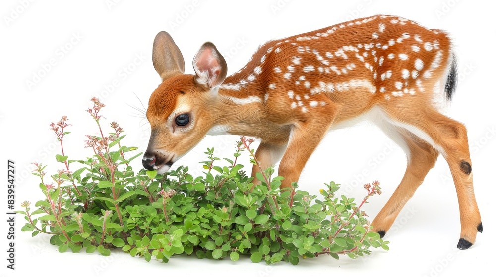 A fawn with white spots on its back, standing next to green plants and looking curious on a white background A fawn with white spots on its back, standing next to green plants and looking curious on a white background