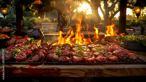 Delicious BBQ meats grilling over open flames at an outdoor party during sunset  creating a warm and inviting atmosphere.