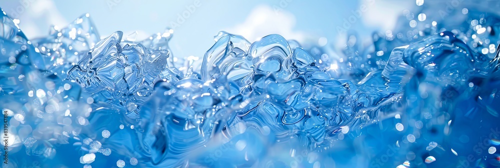 Close-up of splashing water droplets, shimmering in sunlight against a soft blue sky. Perfect for nature, freshness, and purity themed projects. Close-up of splashing water droplets, shimmering in sunlight against a soft blue sky. Perfect for nature, freshness, and purity themed projects.