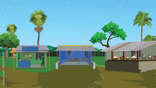 Indian village road background for cartoon. Village grocery shop. Village market landscape vector 