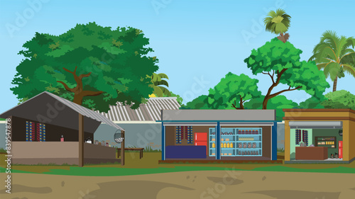 Indian village market. Village market grocery shop. Asian village background for cartoon animation