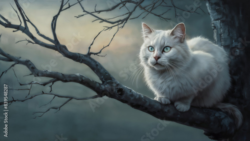 White cat on a tree branch appears to be surveying its surroundings with a piercing gaze, exuding an air of mystique with minimal color palette capturing the serene beauty of morning dawn.