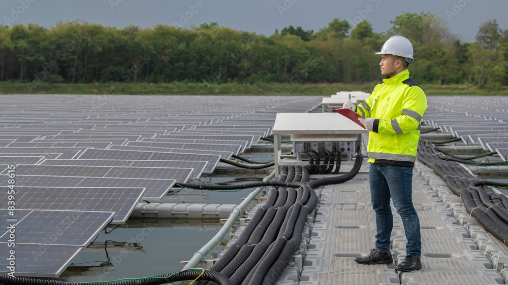 Engineer working at floating solar farm,checking and maintenance with solar batteries near solar panels,supervisor Check the system at the solar power station Engineer working at floating solar farm,checking and maintenance with solar batteries near solar panels,supervisor Check the system at the solar power station