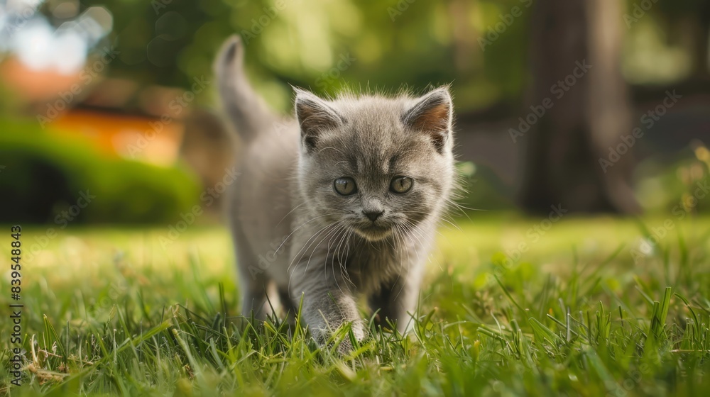 Little British kitten is walking on the green grass. copy space Little British kitten is walking on the green grass. copy space