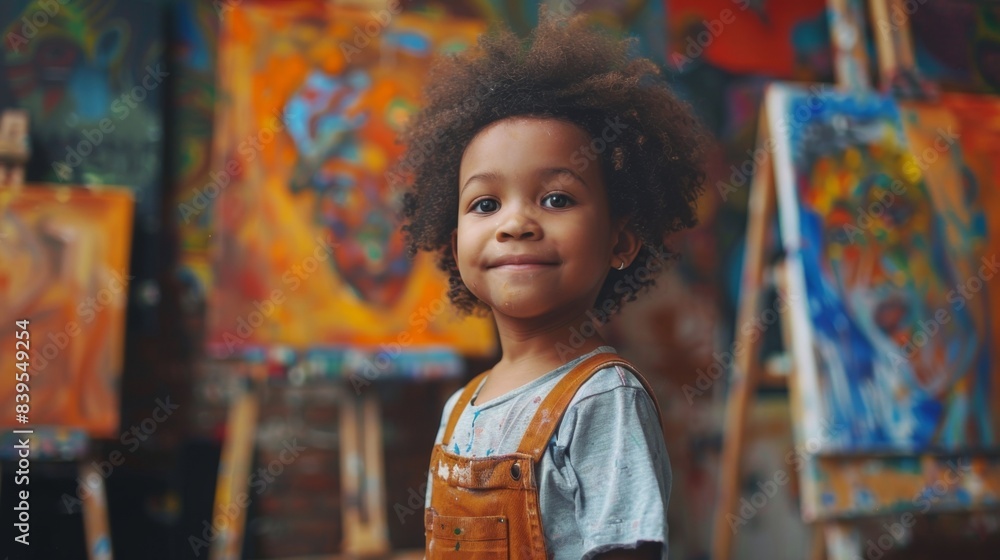 Smiling child with paint on their apron stands in an art studio filled with colorful canvases Smiling child with paint on their apron stands in an art studio filled with colorful canvases