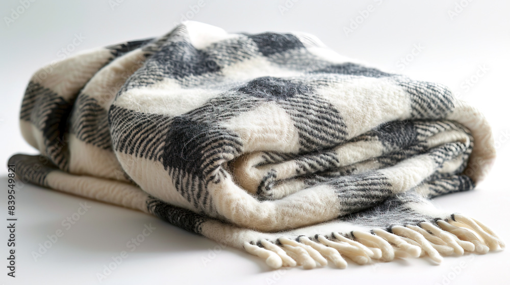 A cozy woolen checkered plaid blanket, elegantly draped and hanging, isolated on a serene white background A cozy woolen checkered plaid blanket, elegantly draped and hanging, isolated on a serene white background