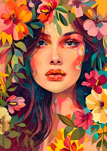 Flower Woman Canvas Print Modern Abstract Girl Wall Art, Floral Woman Picture Painting Art