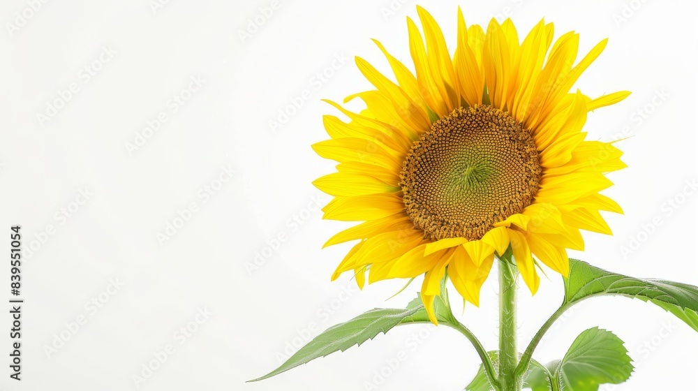 Obraz premium Single Sunflower With Green Leaves Copyspace Against a White Background