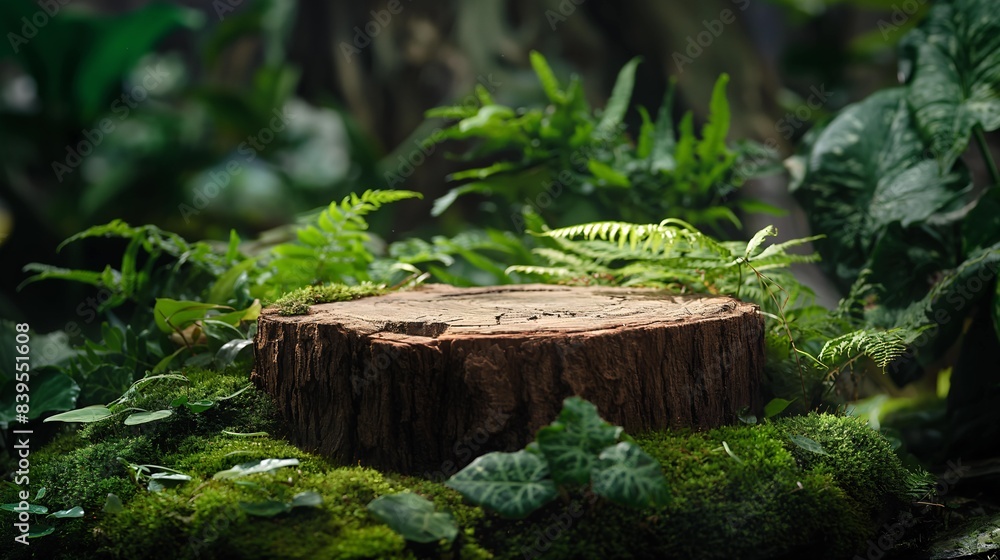 A freshly cut tree stump cut saw in the forest. Green forest background for product display podium. A freshly cut tree stump cut saw in the forest. Green forest background for product display podium.