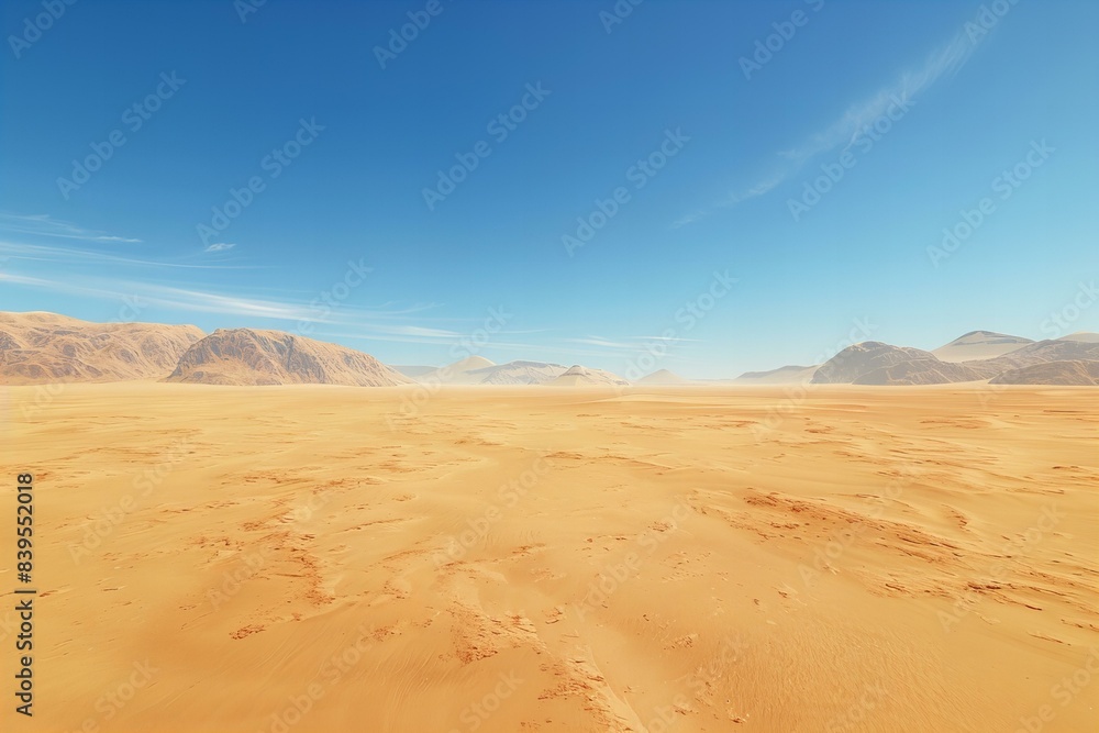 Depicting a photo of a vast desert with sand dunes under a clear blue sky, 