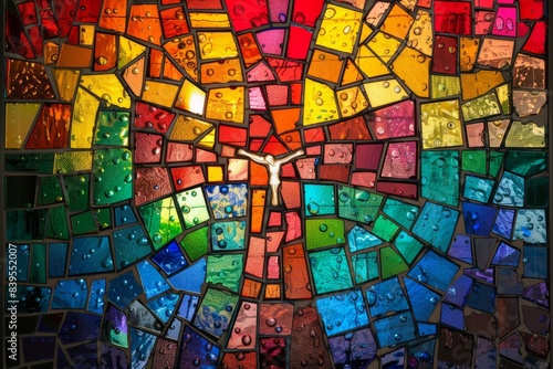 Colorful and beautiful stained glass window of an Christian Cross in a gorgeous majestic frame