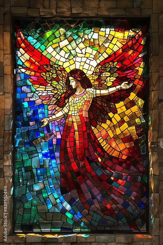 Colorful and beautiful stained glass window of an angel in a gorgeous majestic frame Colorful and beautiful stained glass window of an angel in a gorgeous majestic frame