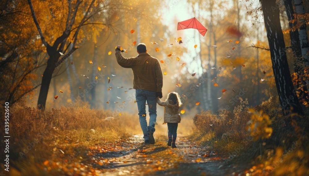 Autumn Adventure: A Father and Daughter Bonding Over Flying Kites in the Forest Autumn Adventure: A Father and Daughter Bonding Over Flying Kites in the Forest