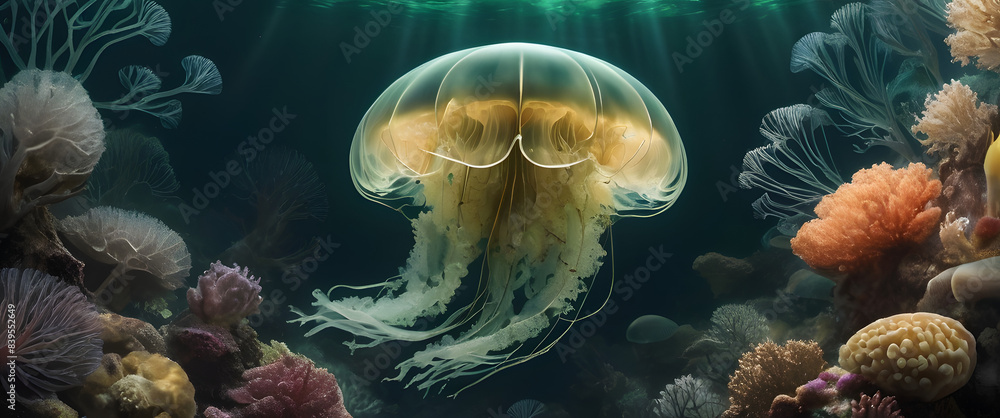 Obraz premium Black and Green: Portrait of a ghostly jellyfish and coral and fish, shiny aura, highly detailed, gold filigree, intricate motifs, organic tracery, perfect composition, smooth, sharp focus, sparkling 